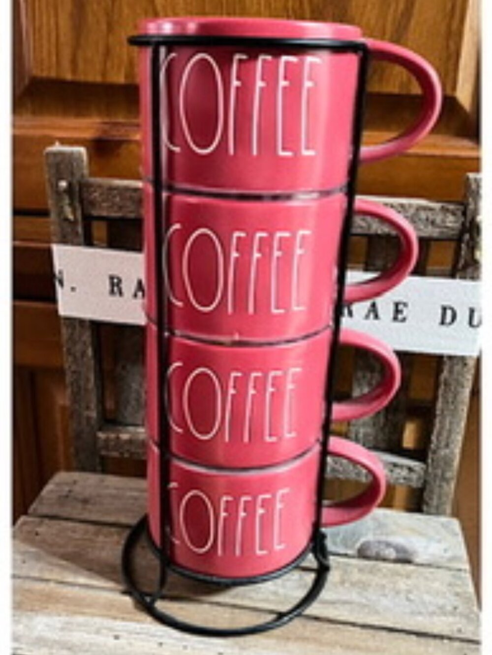 Rae Dunn "COFFEE" Stacking Red Mugs Set of 4 with Metal Stand
